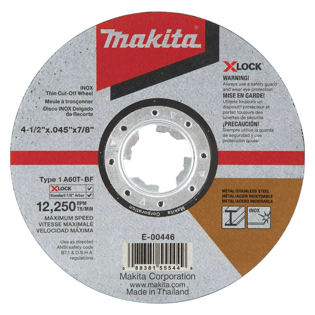 Makita X-LOCK 4-1/2" x .045" x 7/8" Type 1 General Purpose 60 Grit Thin Cut-Off Wheel for Metal and Stainless Steel Cutting E-00446 3 Makita X-LOCK 4-1/2" x .045" x 7/8" Type 1 General Purpose 60 Grit Thin Cut-Off Wheel for Metal and Stainless Steel Cutting E-00446